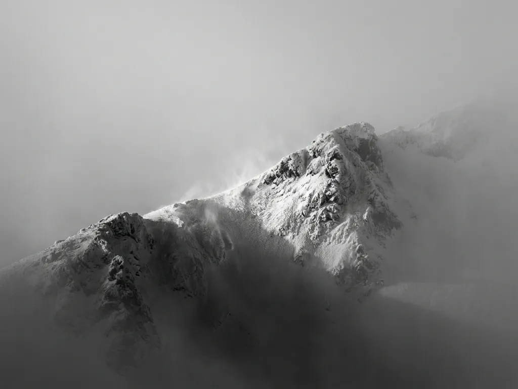 Snowy mountain ridge in fog 20260914121538